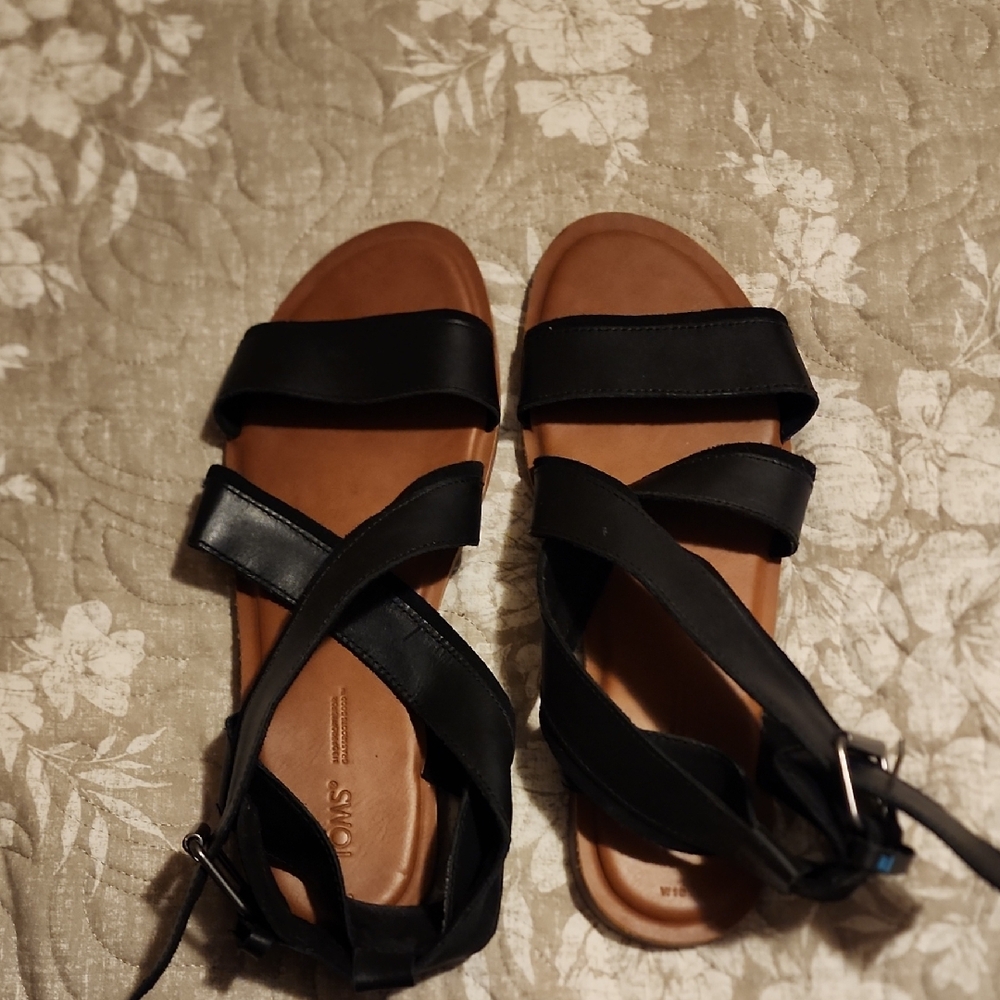 Toms Black Strappy Leather Ankle-Wrap Sandals